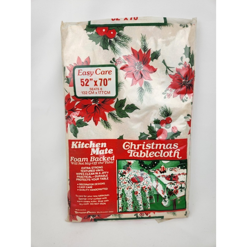 Vintage Christmas Vinyl Tablecloth 54" X 72" Kitchen Mate Poinsettia Holiday USA